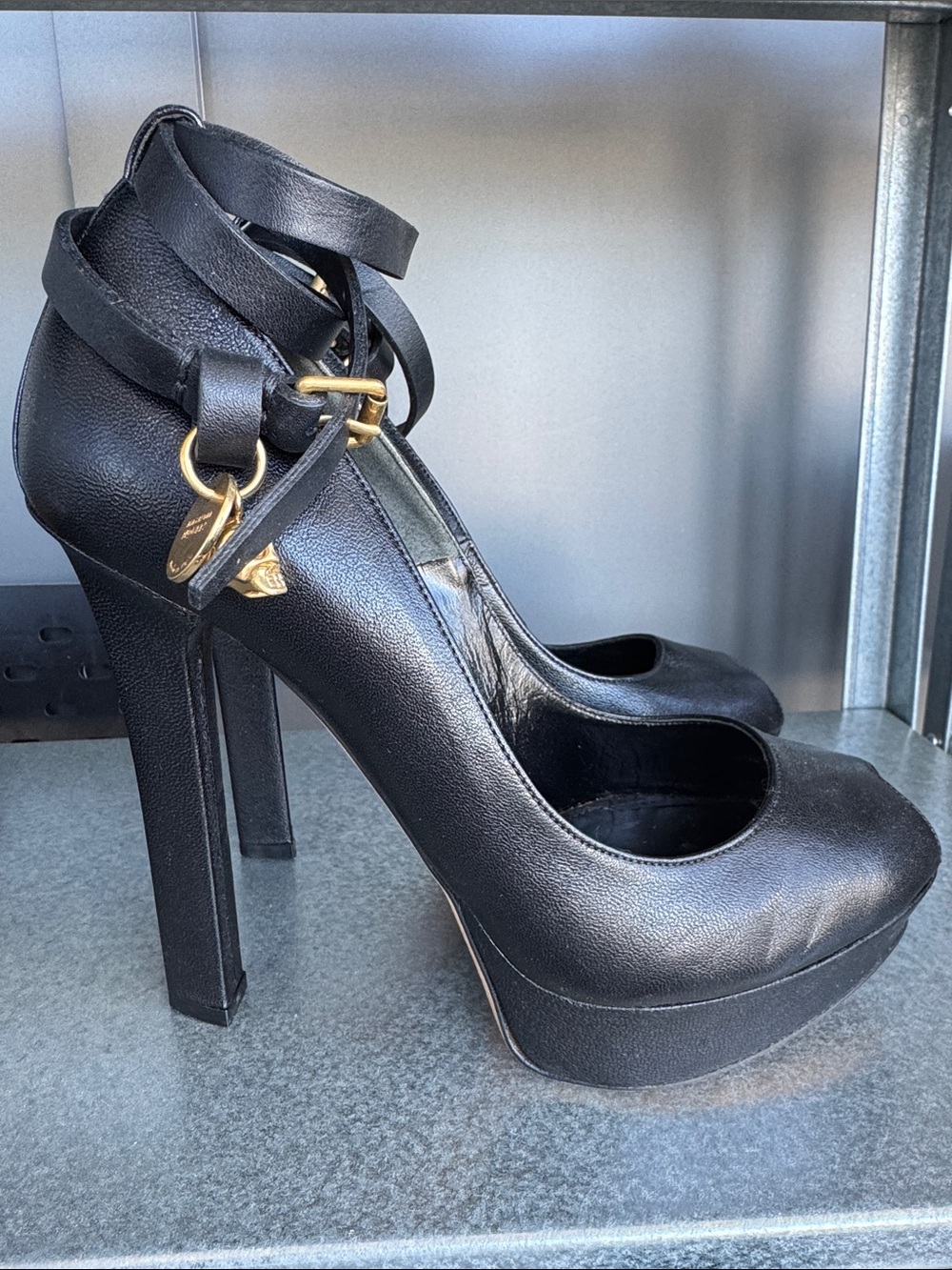 Alexander McQueen Black Platform Ankle-Strap Pumps with Gold Hardware Size 37.5